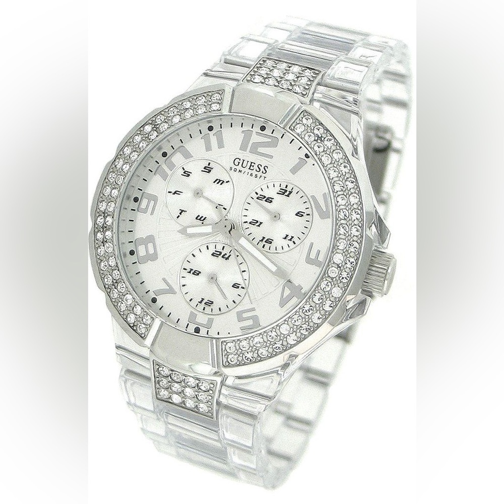 EUC Guess Women's U11656L1 Clear Plastic Quartz Watch with Silver Dial